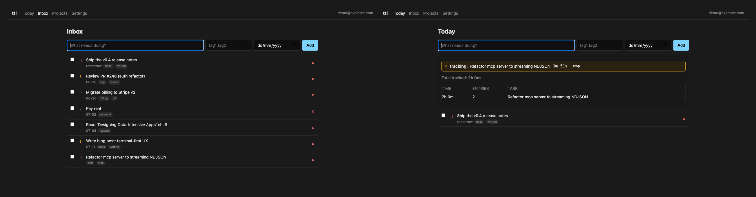 ttl web UI: Inbox with seven open tasks on the left, Today view with an active timer and worklog on the right